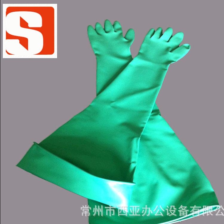 长款80CM绿色丁腈防化手套 耐酸碱防护手套干箱专用手套